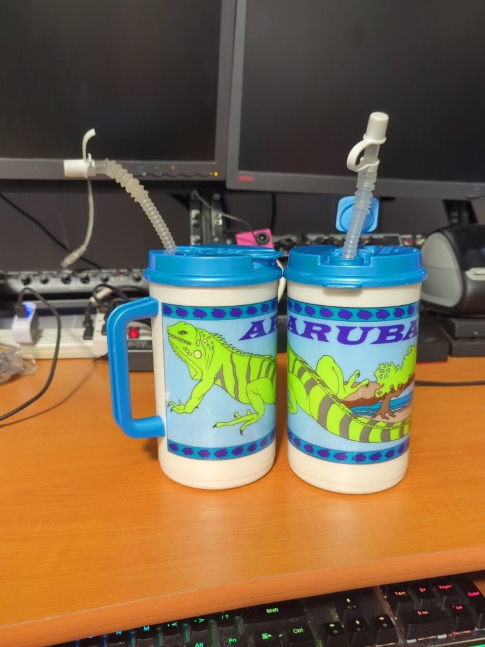 Vintage 90s Whirley Thermo Aruba Jamaica Plastic Thermos Drink Travel Mug Set